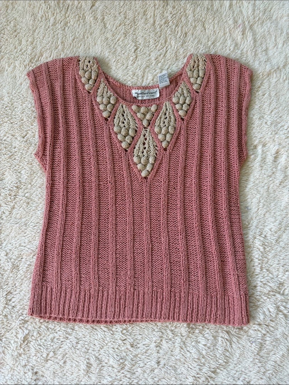 Vintage Weathervane Handknit Pink Sleeveless Crochet-Trim Sweater